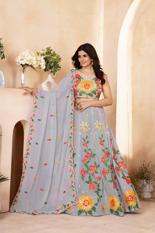 Pastel Grey Floral Lehenga with Sunflower Embroidery