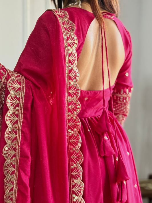 Rani Pink Anarkali Suit with Embroidered Border Dupatta