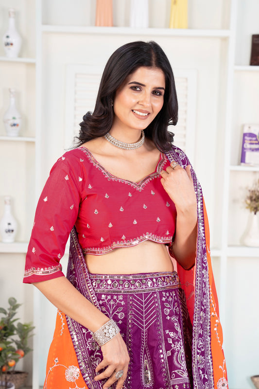 Royal Purple Bridal Lehenga with Dual-Tone Dupatta