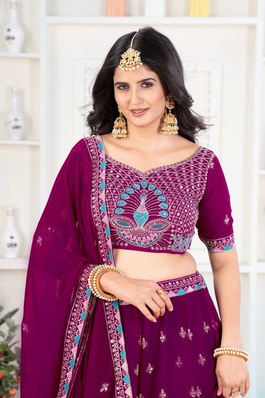 Royal Wine Lehenga with Peacock Embroidery