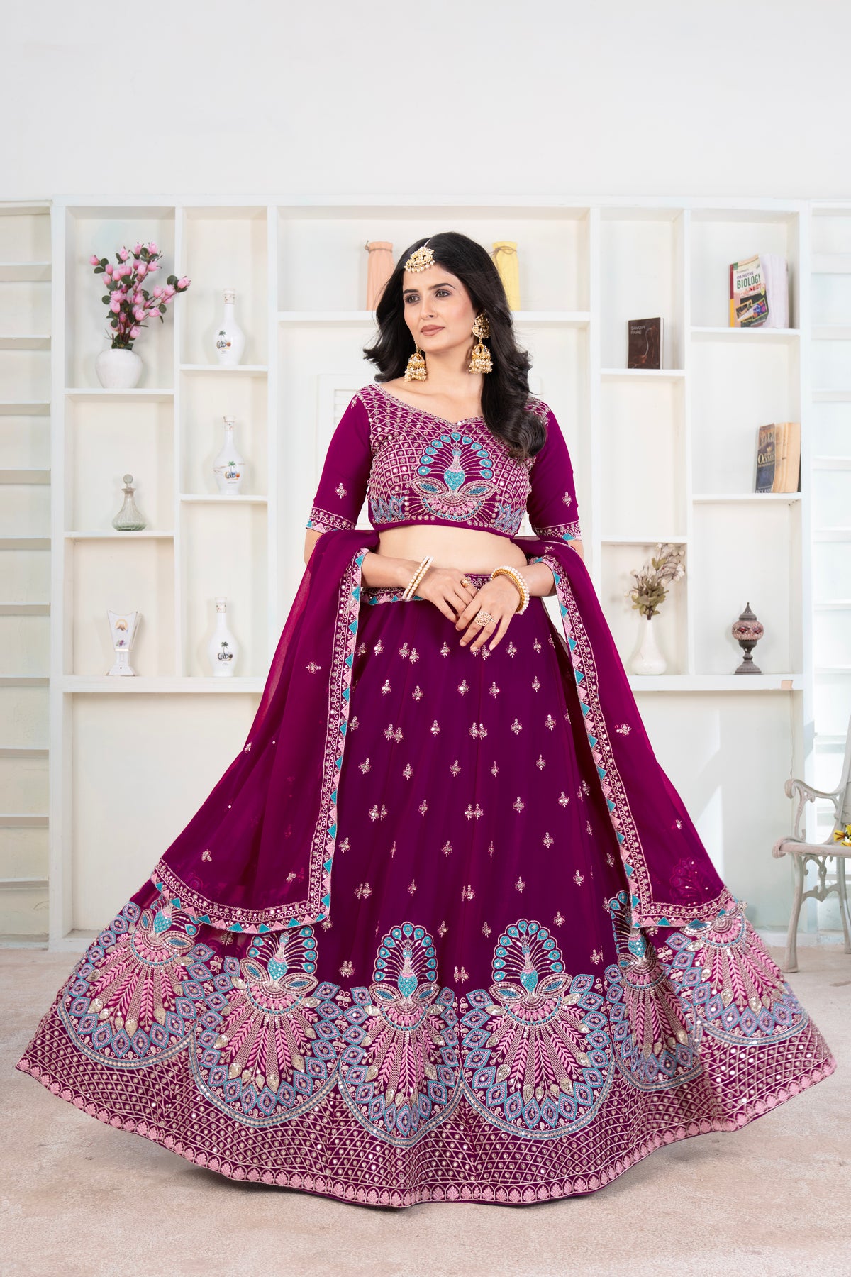 Royal Wine Lehenga with Peacock Embroidery