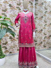 Rani Pink Kurta Sharara Set with Multicolor Embroidery – Festive & Wedding Wear