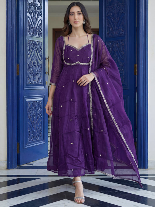 Royal Purple Anarkali Suit with Elegant Back Design & Sheer Dupatta