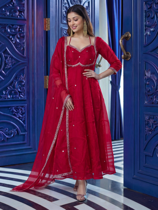 Royal Red Anarkali Suit with Stylish Back Tie Design & Sheer Dupatta
