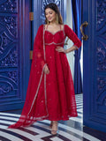 Royal Red Anarkali Suit with Stylish Back Tie Design & Sheer Dupatta