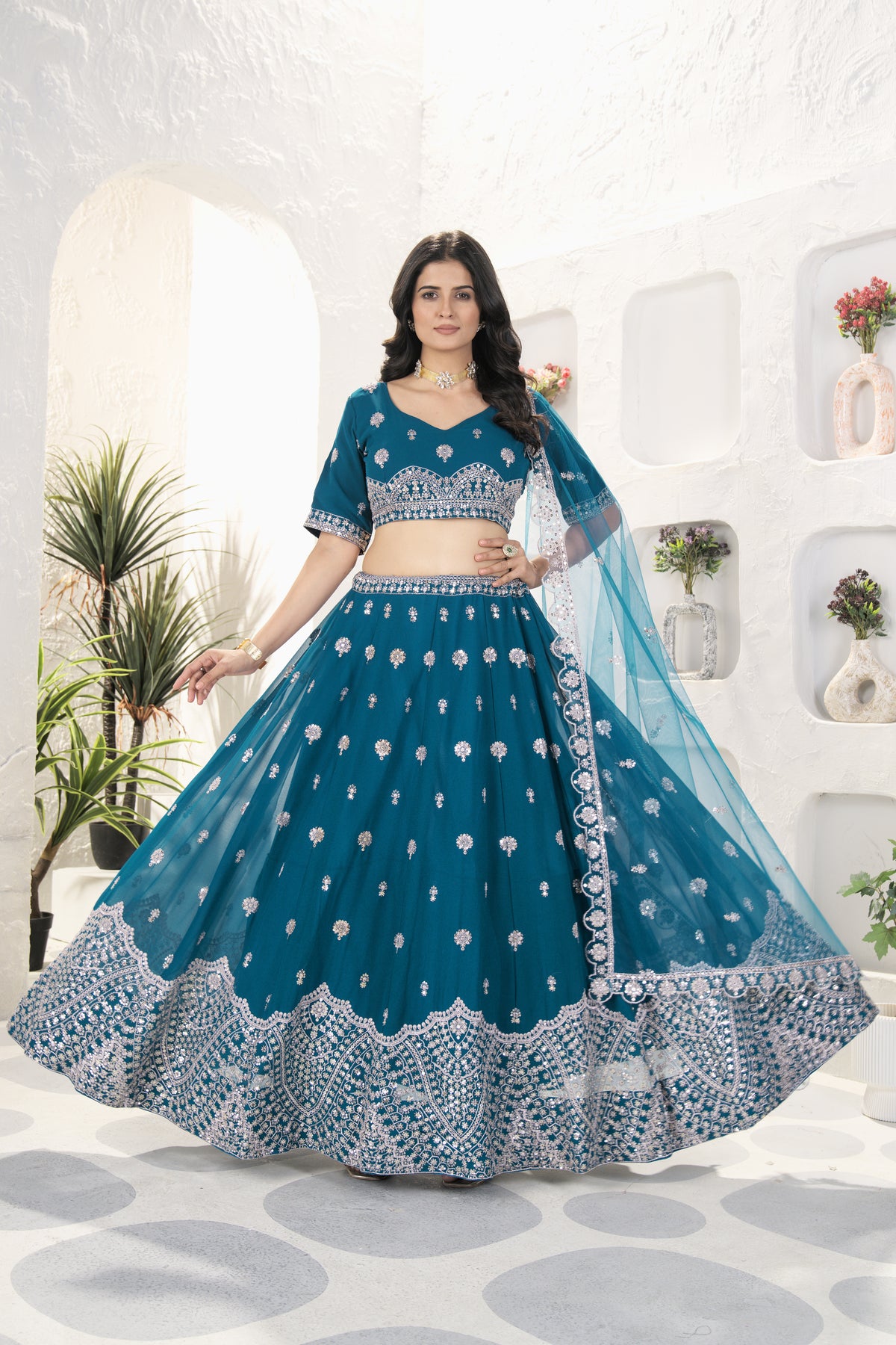 Teal Blue Designer Lehenga with Heavy Silver Embroidery
