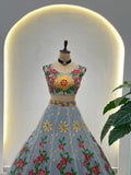 Pastel Grey Floral Lehenga with Sunflower Embroidery