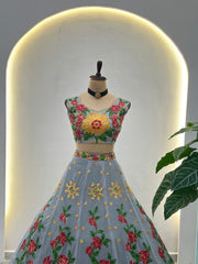 Pastel Grey Floral Lehenga with Sunflower Embroidery