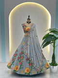 Pastel Grey Floral Lehenga with Sunflower Embroidery