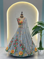 Pastel Grey Floral Lehenga with Sunflower Embroidery