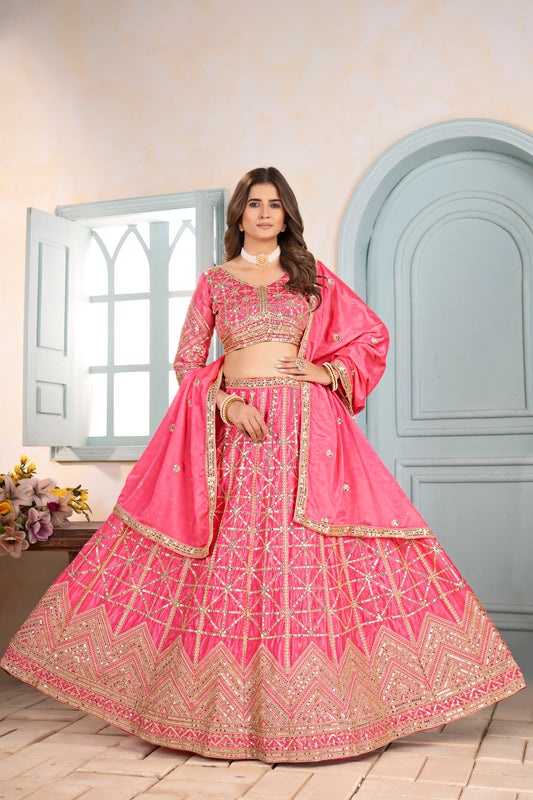 Coral Pink Geometric Zari Lehenga