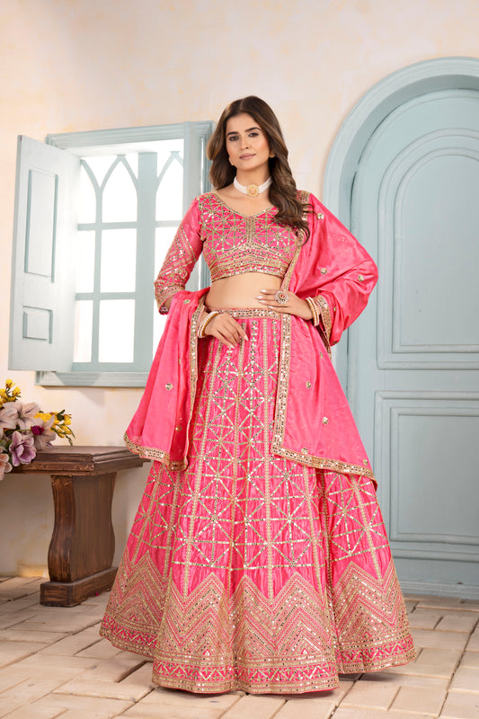 Coral Pink Geometric Zari Lehenga