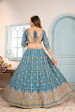 Teal Blue Geometric Embroidered Lehenga