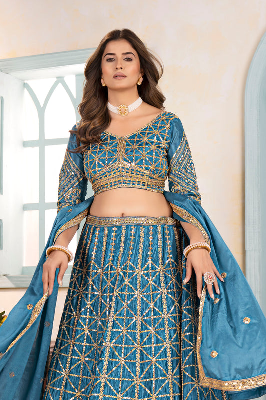 Teal Blue Geometric Embroidered Lehenga