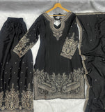 Royal Black Embroidered Suit Set with Elegant Dupatta