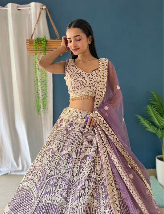 Premium Lavender Bridal Lehenga Choli with Heavy Embroidery & Dupatta