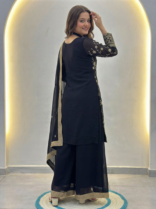 Elegant Black Embroidered Kurta Palazzo Set with Dupatta