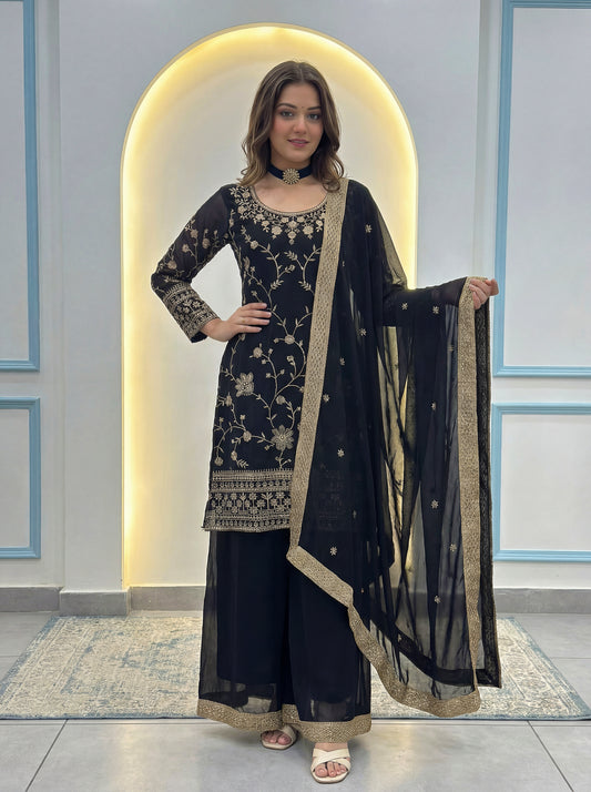 Elegant Black Embroidered Kurta Palazzo Set with Dupatta