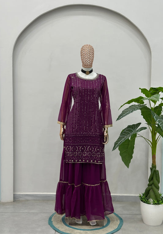 Plum Purple Mirror Work Kurta Set with Sharara