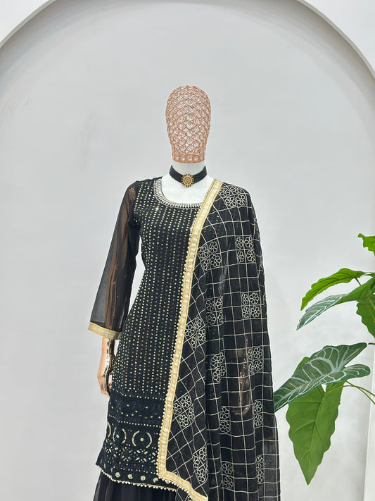 Black Mirror Work Kurta Sharara Set with Designer Dupatta