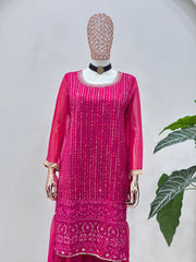 Hot Pink Mirror Work Kurta Sharara Set with Sheer Sleeves