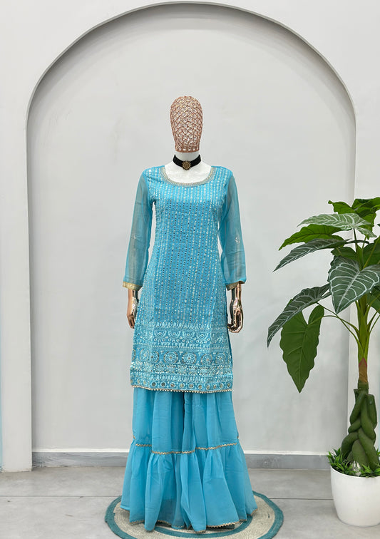 Sky Blue Mirror Work Kurta Sharara Set with Sheer Sleeves