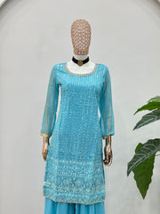 Sky Blue Mirror Work Kurta Sharara Set with Sheer Sleeves