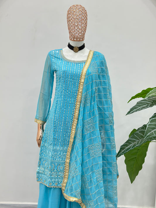 Sky Blue Mirror Work Kurta Sharara Set with Sheer Sleeves