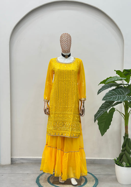 Sunshine Yellow Mirror Work Kurta Sharara Set with Sheer Sleeves