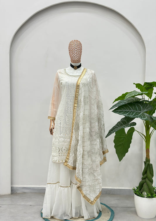 Elegant Ivory White Mirror Work Kurta Sharara Set with Organza Dupatta