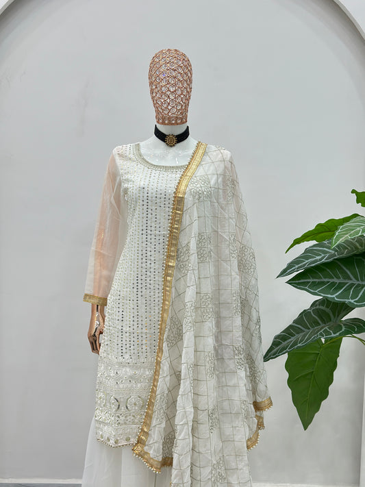 Elegant Ivory White Mirror Work Kurta Sharara Set with Organza Dupatta