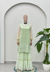 Pastel Mint Green Mirror Work Kurta Sharara Set with Organza Dupatta