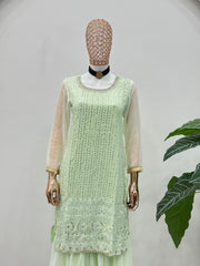 Pastel Mint Green Mirror Work Kurta Sharara Set with Organza Dupatta