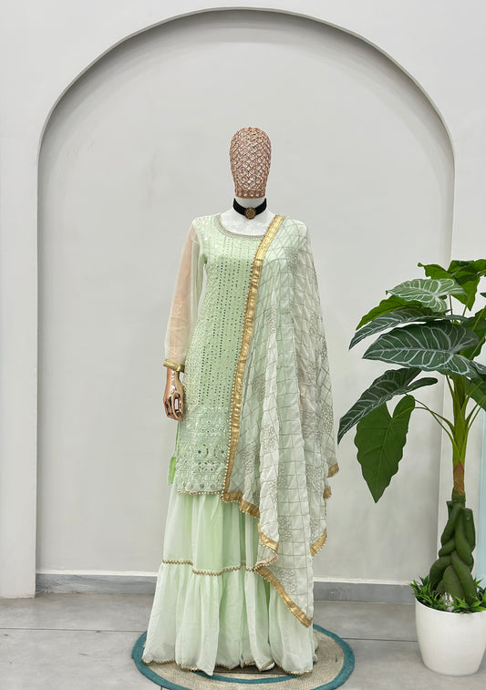 Pastel Mint Green Mirror Work Kurta Sharara Set with Organza Dupatta