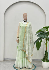 Pastel Mint Green Mirror Work Kurta Sharara Set with Organza Dupatta