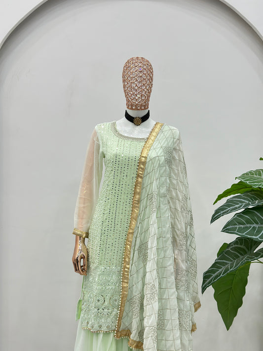 Pastel Mint Green Mirror Work Kurta Sharara Set with Organza Dupatta