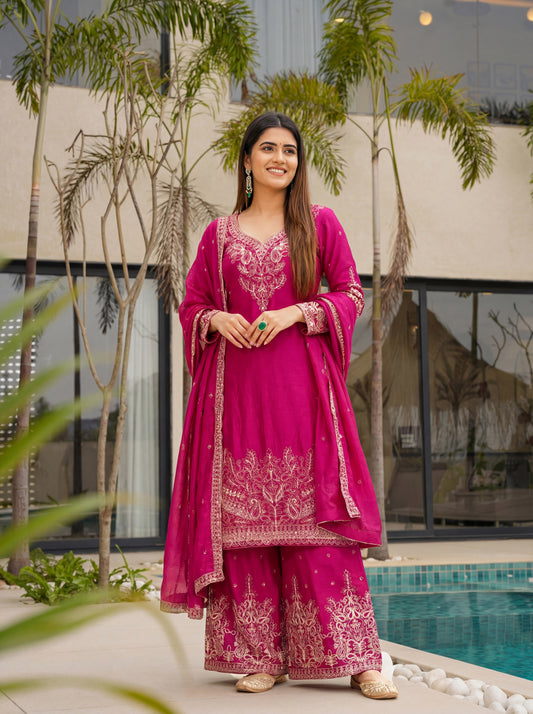 Rani Pink Embroidered Suit Set with Elegant Dupatta