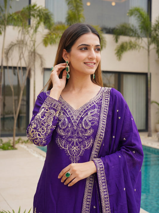 Royal Purple Embroidered Suit Set with Elegant Dupatta