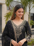 Royal Black Embroidered Suit Set with Elegant Dupatta
