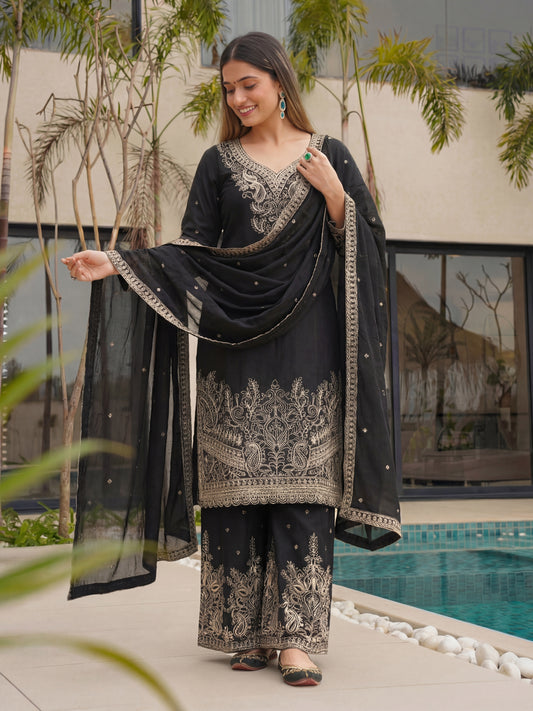 Royal Black Embroidered Suit Set with Elegant Dupatta