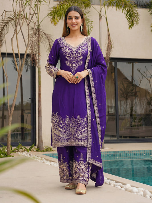 Royal Purple Embroidered Suit Set with Elegant Dupatta