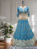 Teal Blue Geometric Embroidered Lehenga