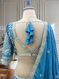 Teal Blue Geometric Embroidered Lehenga