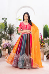 Multicolor Panel Lehenga with Red Choli & Yellow Dupatta