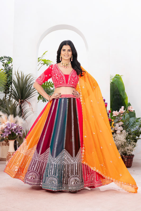 Multicolor Panel Lehenga with Red Choli & Yellow Dupatta