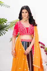 Multicolor Panel Lehenga with Red Choli & Yellow Dupatta