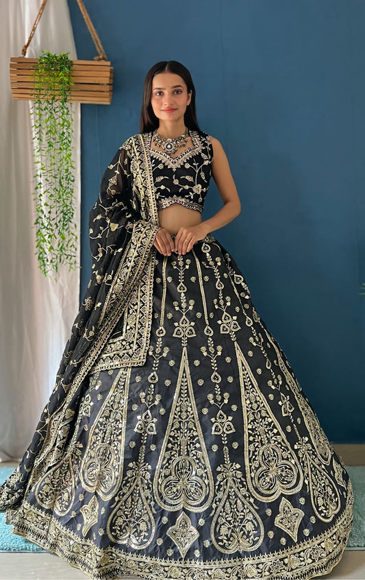 Royal Black Bridal Lehenga Choli with Heavy Golden Embroidery