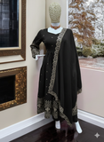 Royal Black Anarkali Gown with Deep Back Design & Heavy Gold Border