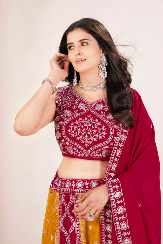 Pink & Mustard Dual-Tone Lehenga with Heavy Embroidery