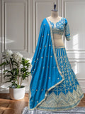 Teal Blue Geometric Embroidered Lehenga